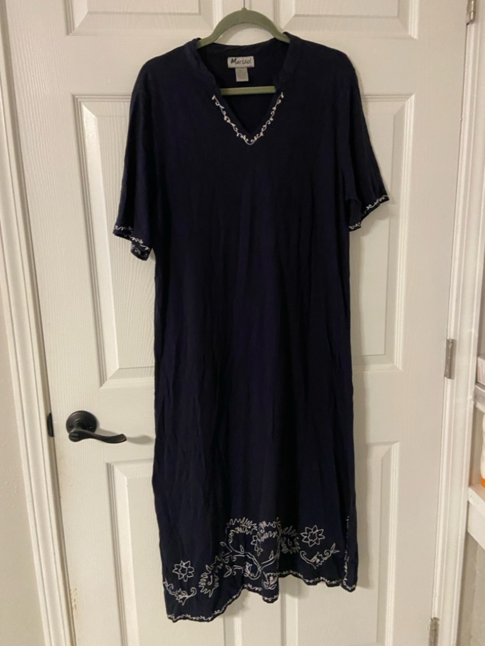 T39- MARISOL Navy VINE-FLORAL Embroidered Trim T-Shirt Dress